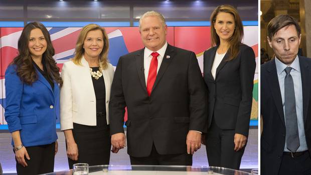 At left, four of the candidates for the Ontario Conservative party leadership – Tanya Granic Allen, Christine Elliott, Doug Ford and Caroline Mulroney – pose for a photo in TVO studios in Toronto after a televised debate on Feb. 15. A day later, Patrick Brown, the leader the four are seeking to replace, entered the race for his old job.