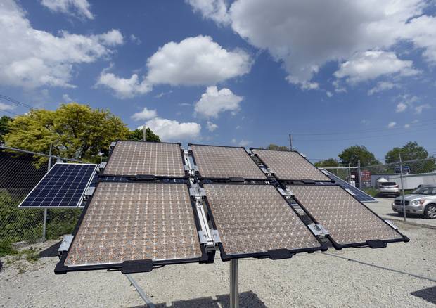An array of 80-watt solar panels on a tracking system at Morgan Solar's Toronto facility in 2015.