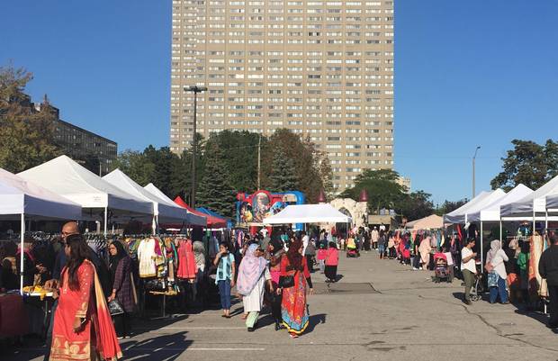 In many tower neighbourhoods, permanent retail is forbidden by zoning; advocates see temporary markets, like this one in the Thorncliffe Park area of Toronto, as an incremental way of allowing entrepreneurship and commerce.