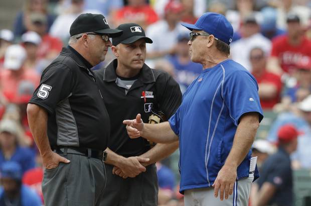 ARLINGTON, TX - MAY 15: Manager John Gibbons of the Toronto Blue Jays after ejected by home plate umpire Dan Iassogna in the third inning at Globe Life Park in Arlington on May 15, 2016 in Arlington, Texas.