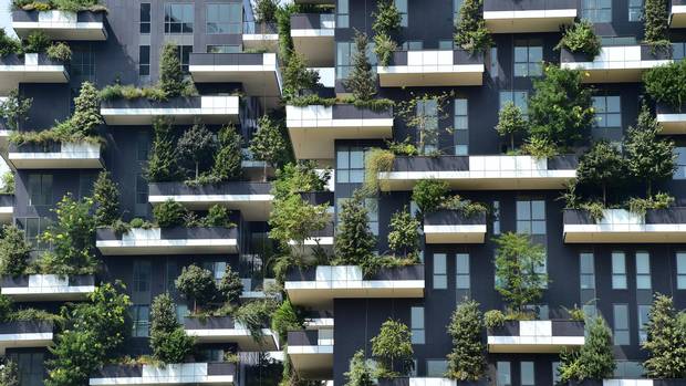 Milan’s 27-storey Bosco Verticale, completed in 2014, features treed facades on all four sides.