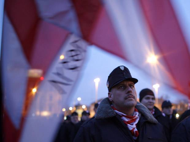 Members of the radical nationalist organization Hungarian Guard attend a rally against a rise of ‘Roma crime’ in Budapest on Feb. 13, 2009. Although racist violence against Hungarian Roma peaked around 2008-09, according to an Amnesty International report published in January, they continue to experience hate crimes.