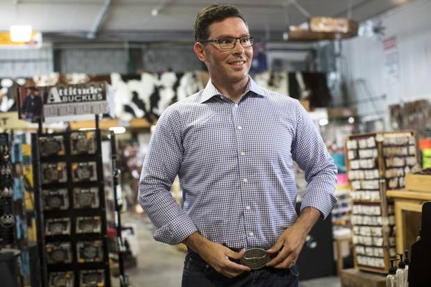 Doug Schweitzer, leadership candidate for Alberta's united conservative party,at Irvines western store near Crossfield, Alta.