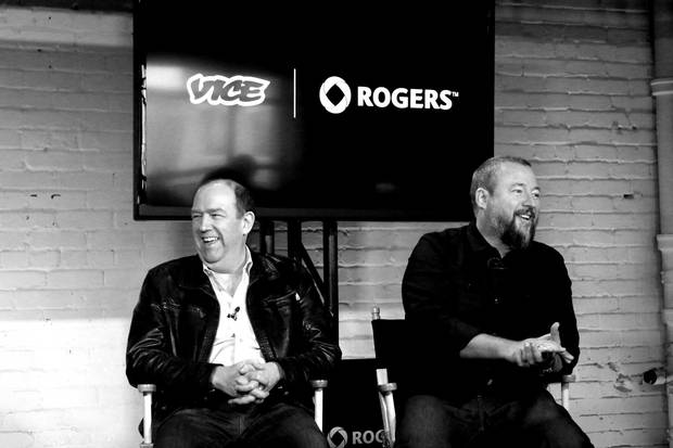 Laurence sports a motorcycle jacket to announce a partnership with Vice Media CEO Shane Smith.