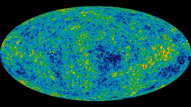 A colour-coded, wraparound view of the sky shows the microwave background of our universe, indicating places where the ancient cosmos was slightly hotter or colder than average. The map was taken by the Wilkinson Microwave Anisotropy Probe mission.