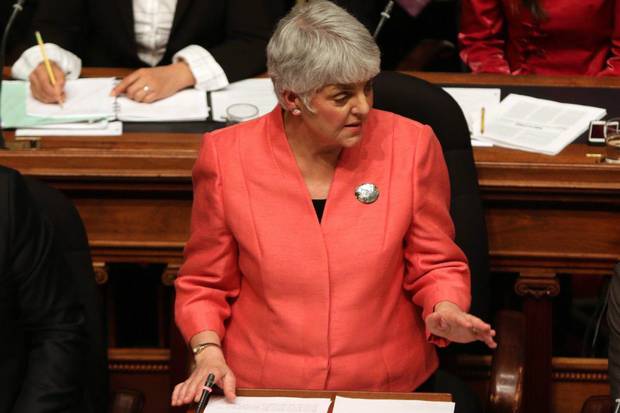 Carole James, now Finance Minister, reacts following the former BC Liberal government’s budget in February, 2016.