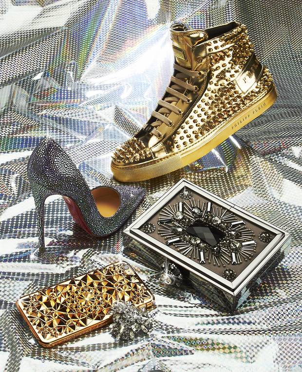 Clockwise from top right: Philipp Plein Drop high sneakers, $1,545 at Hudson’s Bay. Windflower clutch, $60 at ALDO. Brooch, $35 at Banana Republic. Kaleidoscope phone case, $40 (U.S.) through felonycase.com. So Kate crystal and suede pumps, $3,395 through christianlouboutin.com.