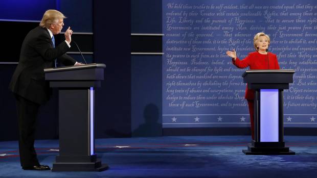 Republican nominee Donald Trump and Democratic rival Hillary Clinton engage in an exchange during the first presidential debate at Hofstra University in Hempstead, N.Y., on Monday night.