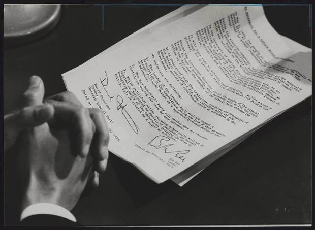 The written agreement that allowed the Ontario Liberals to assume power in 1985, ending 42 years of Tory rule. The document bears the signatures of Liberal Leader David Peterson and the NDP'S Bob Rae.