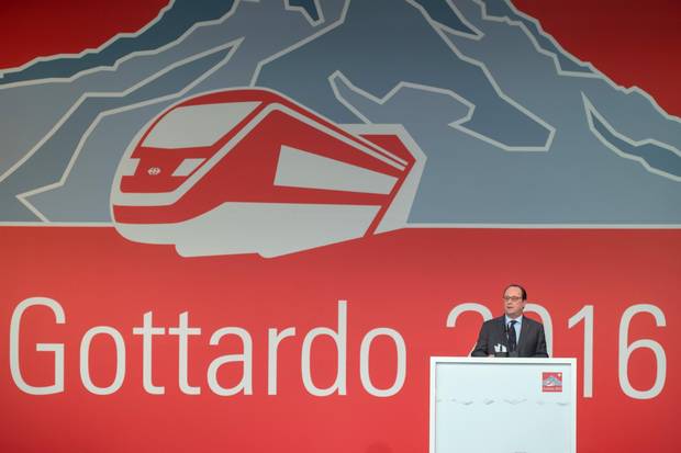 French President François Hollande delivers his speech in Pollegio, Switzerland.