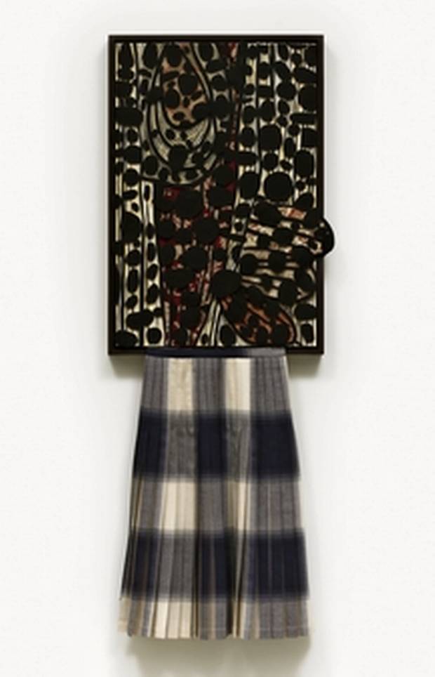Lyse Lemieux’s Skirted Baroque, 2015, features a custom wood frame, acrylic, ink, wool felt on paper and a wool tartan skirt.