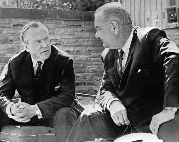 April 3, 1965: Canadian prime minister Lester Pearson, left, stresses a point in his discussions about the Vietnam War with U.S. president Lyndon Johnson at Camp David.