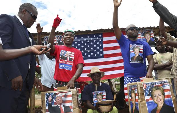 Comedians stage a mock election in the village of Kogelo, the hometown of Sarah Obama, step-grandmother of President Barack Obama, in western Kenya on Nov. 8, 2016. An organizer said Hillary Clinton beat Donald Trump in the mock election.