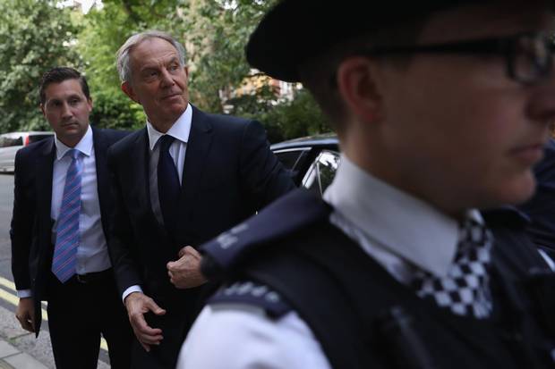 Former prime minister Tony Blair arrives back at his home after a press conference following the outcome of the Iraq Inquiry report on July 6, 2016.