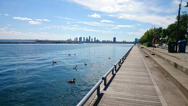 A lakeside shot looking west to Mississauga on Lake Ontario.