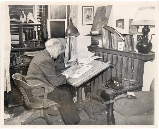 Lou Skuce at work in his home studio (undated).