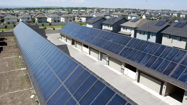 Solar panels line the rooftops of a the Drake Landing Solar Community in Okotoks, Alberta.