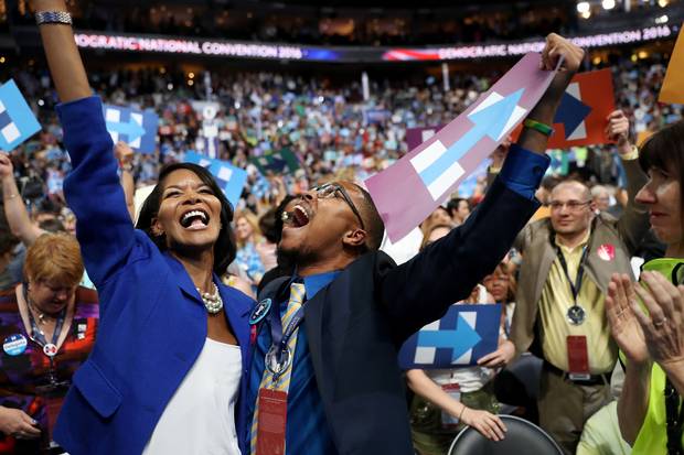 Delegates celebrate after formally nominating Democratic presidential candidate Hillary Clinton on the second day of the Democratic National Convention in Philadelphia on July 26, 2016.
