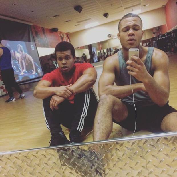 Jonah McIntosh (right) takes a selfie with his younger brother, Cody, at the gym in Ajax in December. 