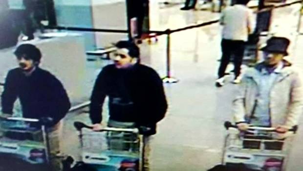 A photograph from a security camera shows three men that Belgian police suspect of carrying out the attacks in Brussels at the airport. Two are dead; police are looking for the third. 