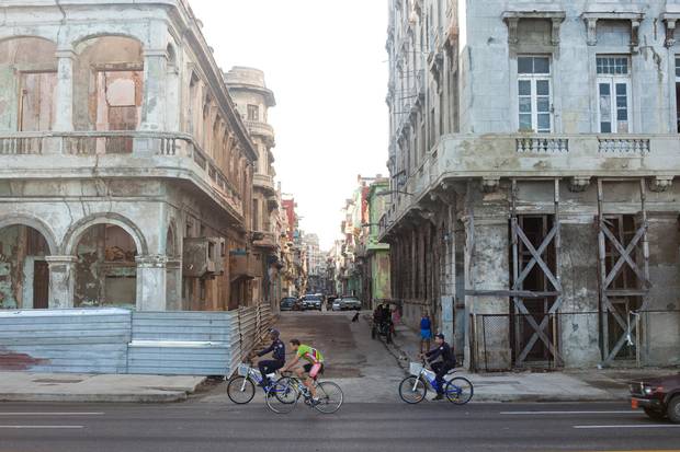 Old buildings under construction along Havana’s famous Malecón roadway.