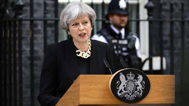Britain's Prime Minister Theresa May speaks outside 10 Downing Street after an attack on London Bridge and Borough Market left at least seven people dead and dozens injured in London, Britain, June 4, 2017.