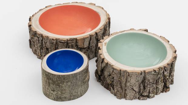 Nature is a source of inspiration common to both Scandinavian and Canadian designers. Calgary-based studio Loyal Loot’s 2004 bowls are made from reclaimed logs with centres surreal, bright centres of acrylic paint. 