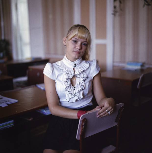 Snezhana Pusova poses for a photo in her classroom at Raivka Internat in Raivka, Ukraine on September 8, 2016.