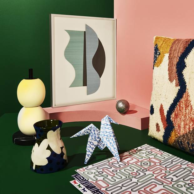 Mainkai table lamp by Sebastian Herkner, $2,100 at Avenue Road. Sharp (2014) by Jessica Groome, $1,250 at Erin Stump Projects. Minna Cartographer Pillow, $275 at Souvenir. Bis Repetita placemats, $145 at Hermés. Bold Blooms vase, $28 (U.S.) at Anthropologie.