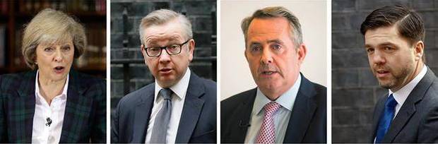From left to right: Theresa May taken June 30, 2016; Michael Gove taken May 11, 2016; Liam Fox taken June 30, 2016; Stephen Crabb taken March 22, 2016. 
