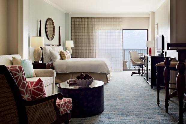 The Marriott’s 273 rooms are spacious and modern, with an emphasis on dark woods.