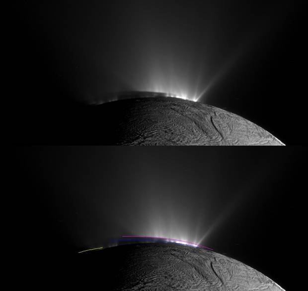 While coming up on Saturn’s small icy moon, Enceladus, Cassini observed jets of material shooting out from a region near the moon’s south pole.