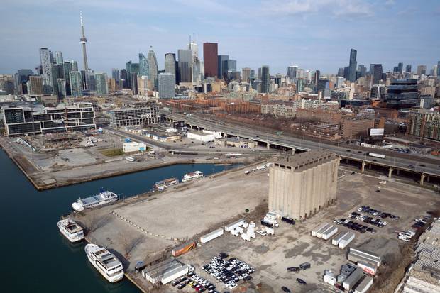 An aerial view of what the Toronto waterfront area looks like now. The Globe and Mail’s dark blue building is visible at right.