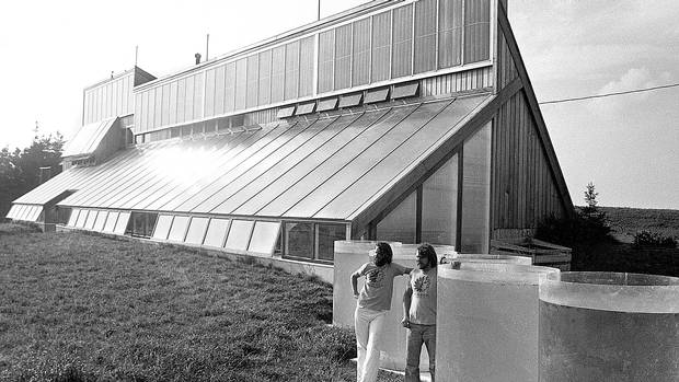 David Bergmark and Ole Hammarlund, founders of Solsearch Architects and designers of the Ark, stand in front of the south side of the Ark in 1976.