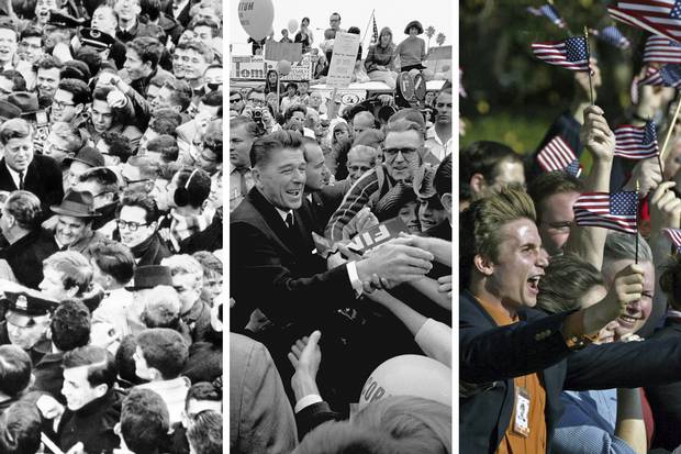 John F. Kennedy meets a surging mass of Harvard students on Jan. 9, 1961; Ronald Reagan, then the Republican candidate for governor of California, greets a crowd in Los Angeles on Nov. 5, 1966; supporters of George W. Bush cheer at the White House on Nov. 2, 2004.