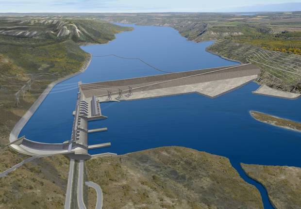 A rendering of the Site C dam on the Peace River in B.C.
