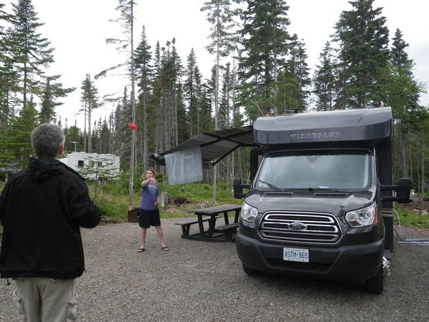 Playing catch while RV camping in Forillon National Park.