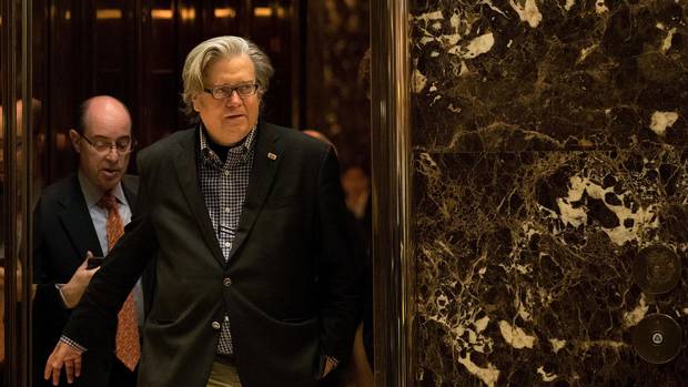 Trump campaign CEO Steve Bannon exits an elevator in the lobby of Trump Tower in New York on Nov. 11.