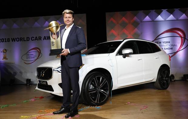 Anders Gustafsson, CEO of Volva U.S., accepts the 2018 World Car of the Year Award for the Volvo XC60 at the New York Auto Show, March 28, 2018.