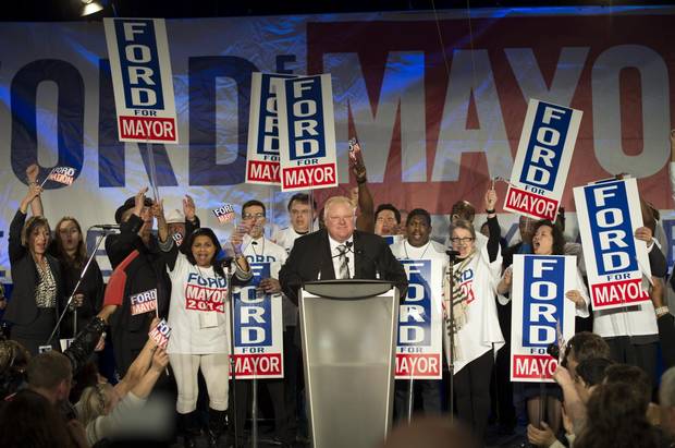 Rob Ford address the crowd of supporters at his mayoral campaign kick-off at the Toronto Congress Centre in 2014.