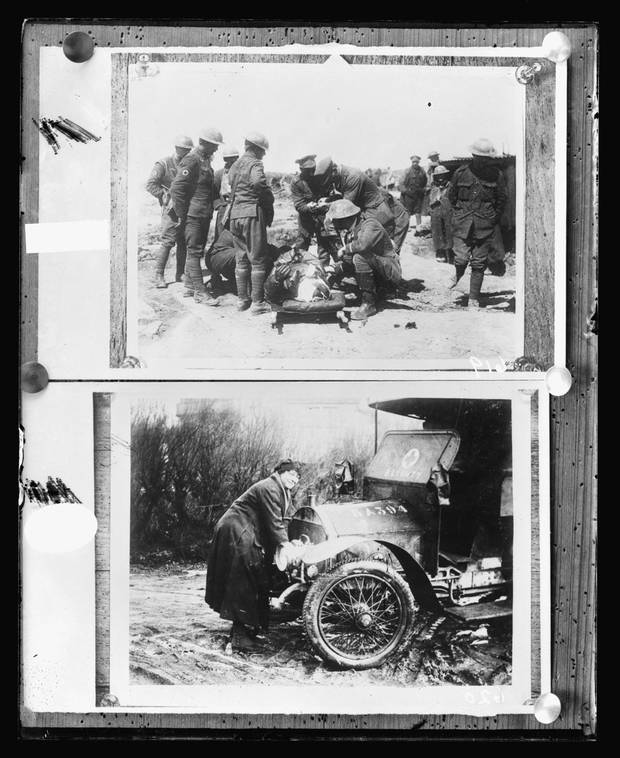 Above: Red Cross workers at Vimy Ridge render first aid to an airman brought down within his own lines. Below: A driver of the first aid nursing yeomanry cranks up the engine of her ambulance in November, 1917.