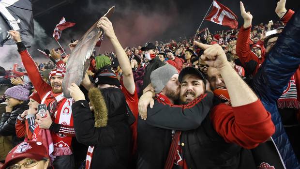 Fans celebrate after Toronto FC f\defeat the Montreal Impact 5-2 during MLS action on Nov 30 2016.