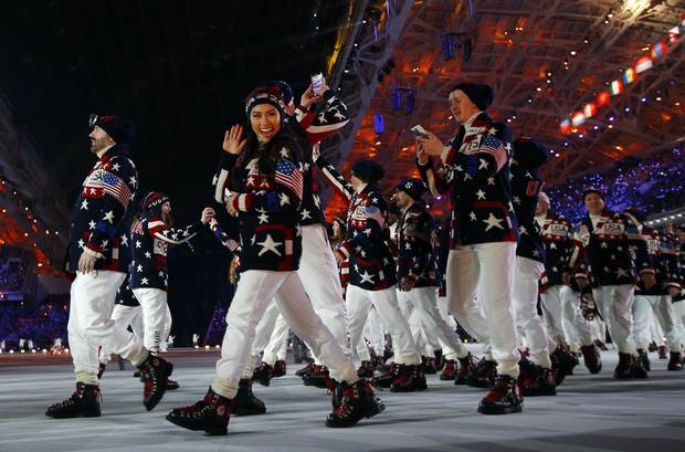 U.S. team members parade during the opening ceremony of the 2014 Sochi Winter Olympic Games, Feb. 7, 2014. 