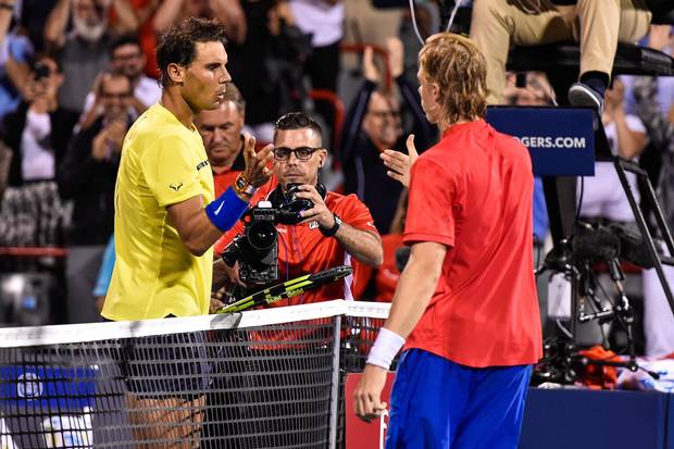 Rafael Nadal of Spain congratulates Denis Shapovalov of Canada for his victory during day seven of the Rogers Cup presented by National Bank at Uniprix Stadium on August 10, 2017 in Montreal, Quebec, Canada.