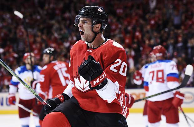 eam Canada's John Tavares (20) celebrates his goal against Team Russia during third period World Cup of Hockey semifinal action in Toronto on Saturday, September 24, 2016.