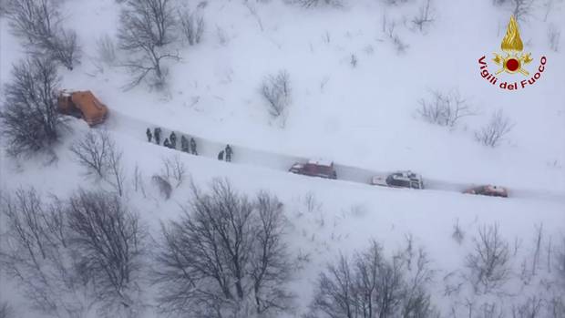The snow made it difficult to clear roads for heavy vehicles and ambulances to get through. On Thursday, Italian emergency responders faced criticism for the rescue operation, which was one of several in the earthquake-affected region Thursday. Storms have knocked out power and phone lines and blocked roads, isolating towns and hamlets.
