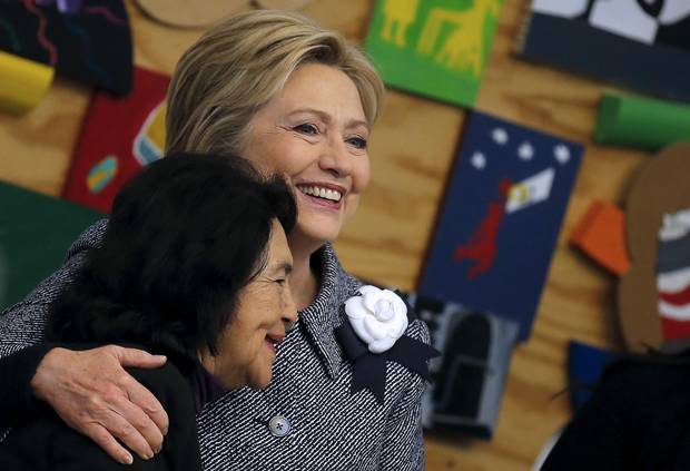 Democratic U.S. Presidential candidate Hillary Clinton embraces Dolores Huerta, a labor leader as she attends a workshop meeting at La Casa The Resurrection Project, a immigrant community center, during a campaign stop in Chicago Illinois.