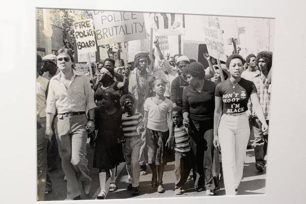 Albert Johnson’s widow and children lead march in protest of his murder by Toronto police, 1980. Courtesy of artist, Jules Elder