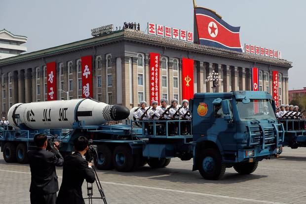 A North Korean navy truck carries the submarine-launched ballistic missile during a military parade marking the 105th birth anniversary of the country’s founding father, Kim Il-sung, in Pyongyang on April 15, 2017.