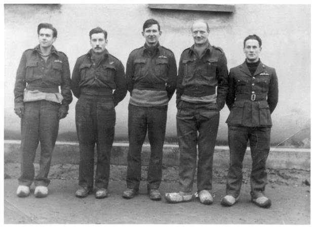 Oflag XXI B Szubin: Peter Stevens (far right) with other captured allied aviators at Oflag XXI-B prisoner-of-war camp, in Szubin, occupied Poland. Stevens was held there from September 1942 to April 1943. 
